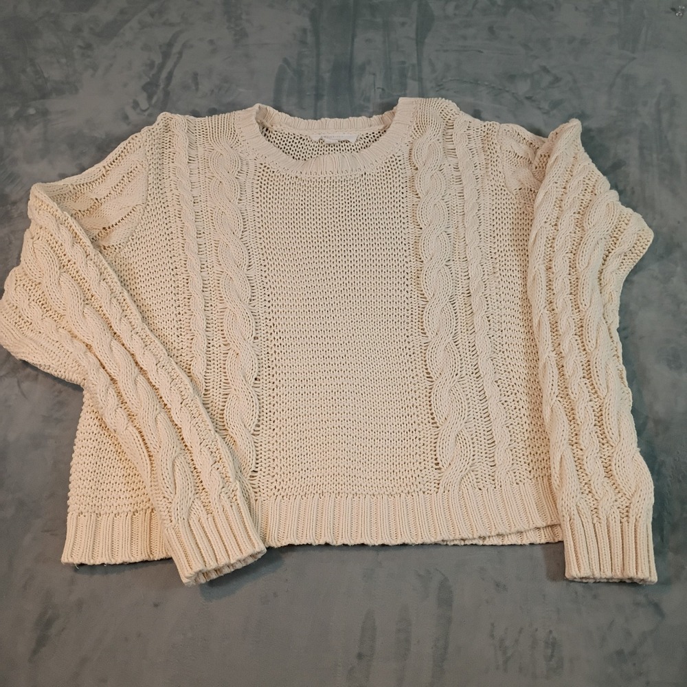 Brit.ny Cream Cable Knit Sweater 100% Cotton Crew Neck Pullover Womens Large